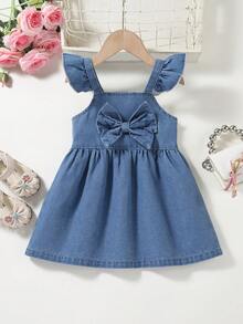 Robe en jean pour bébé fille, style doux et mignon, couleur bleu moyen, manches évasées, ourlet volantée, décoration avec grand nœud, silhouette ample en forme A, tissu doux et confortable, convient pour l'école, les déplacements, la mode quotidienne et les sorties - Jean bleu - Voir 3