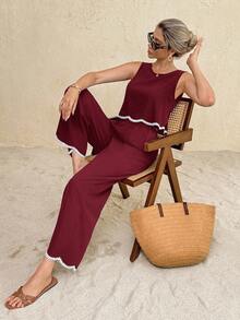 SHEIN Frenchy 女士弧形下摆圆领背心和裤子两件套 - 酒紅色 - 查看 5