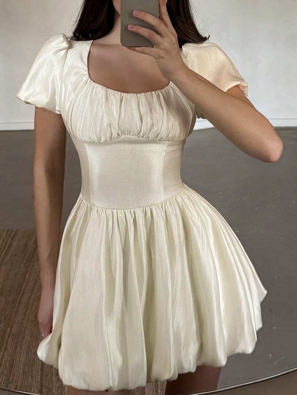 Summer Elegant Cream White Petal Sleeve Fishbone Splice Tea Party Dress,Sweet Girl Valentine's Day Wedding Banquet Formal Fashion Slim Mini Dress