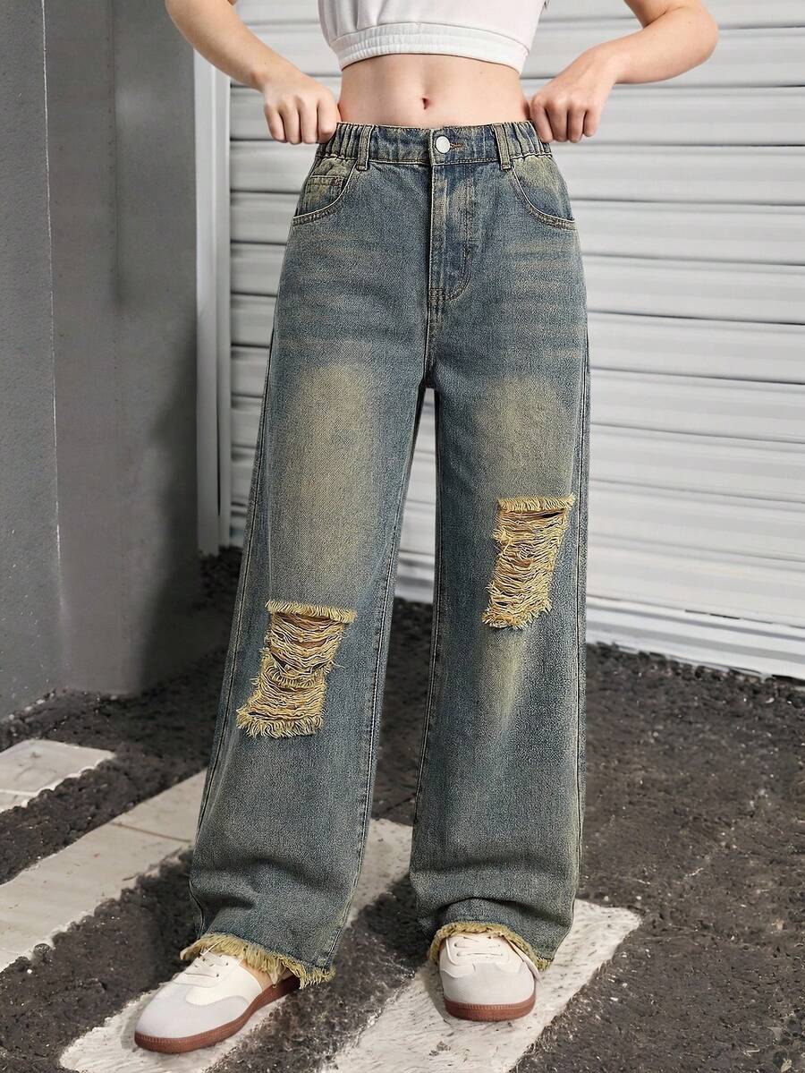 SHEIN Quần jeans rách kiểu vintage Y2K cho bé gái, quần ống đứng rộng rãi thoải mái, cạp chun co giãn, màu xanh nhạt, phù hợp cho mọi mùa, chất liệu thoải mái.