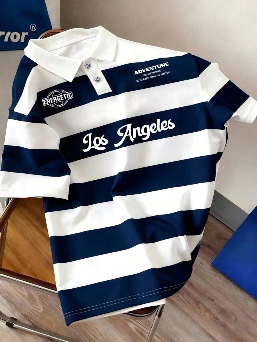 Casual Loose Fit Striped Letter Print Polo Collar Short Sleeve Shirt, Preppy American Style For Teen Boys - Navy Blue - View 1