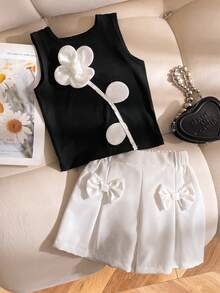 SHEIN 2pcs/Set Young Girl Knitted Sleeveless Vest With Pleated Flower Shorts, Fashionable And Summer Outfit - Black and White - View 1
