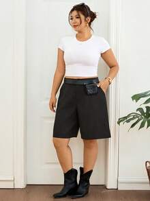 Lounesse Quần short Bermuda đen cỡ lớn dành cho nữ, quần short đi làm đa năng thoải mái, quần short đen ống rộng cho nữ, quần short đen nữ. - màu đen - Xem 6