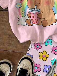 Bộ 2 món cho bé gái tuổi teen, kiểu dáng thường ngày, họa tiết hoạt hình Capybara dễ thương, hoa văn nhiều màu sắc, màu kem hồng, áo thun cổ tròn tay ngắn và quần legging bó sát, thích hợp mặc hàng ngày vào mùa xuân/hè, đi nghỉ mát, dã ngoại, phong cách Y2K, dễ thương, thoải mái cho trẻ em, thời trang thu đông cho trẻ em, phong cách mới mùa thu, thời trang hoa nở, bộ đồ hai mảnh cho bé gái, dễ chịu, dễ thương, thoải mái, phong cách mùa xuân và mùa hè ấm áp, mùa hè, đi nghỉ mát, nhuộm tie-dye, bộ màu hồng. - Nhiều màu - Xem 6