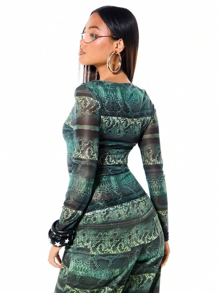 SUMWON Women's Green Snake Print Mesh Long Sleeve Top With Crew Neck And Fitted Style