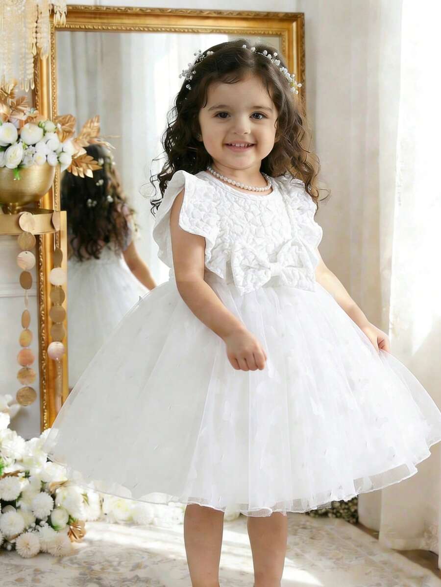 SHEIN 女婴优雅蝴蝶结装饰网纱荷叶边提花连衣裙 - 白色 - 查看 1