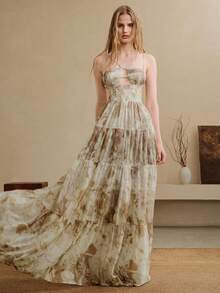 SHEIN Unity 女士数码印花雪纺面料吊带褶皱设计休闲长裙 - 杏色 - 查看 7