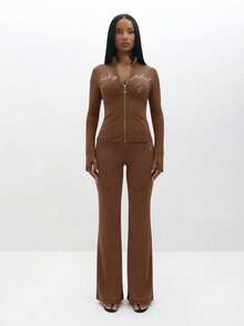 BABYPHAT Ribbed Pull On Flare Leggings High Waisted Stretch Bootcut Pants Fall Winter Casual Everyday - Chocolate Brown - View 7