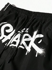 Manfinity Hypemode Men's Letter Print Drawstring Waist Pocket Loose Casual Shorts - Black - View 3