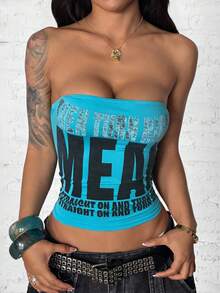 StreetHx Women's Street Casual Sports Letter Print Bandeau Top - Blue - View 5