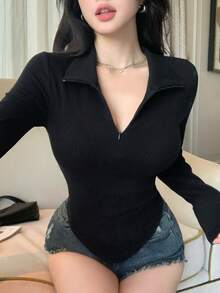 DAZY 女士不对称下摆长袖修身T恤，时尚音乐节休闲上衣，适合夏季、春季和秋季穿着。 - 黑色 - 查看 8