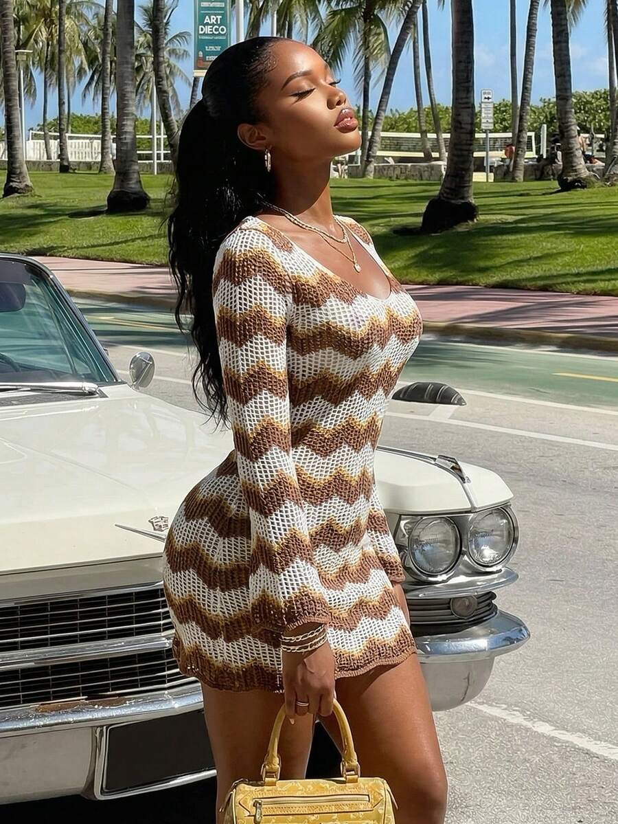 鋸齒圖案露背打結罩衫連衣裙不附帶比基尼套裝