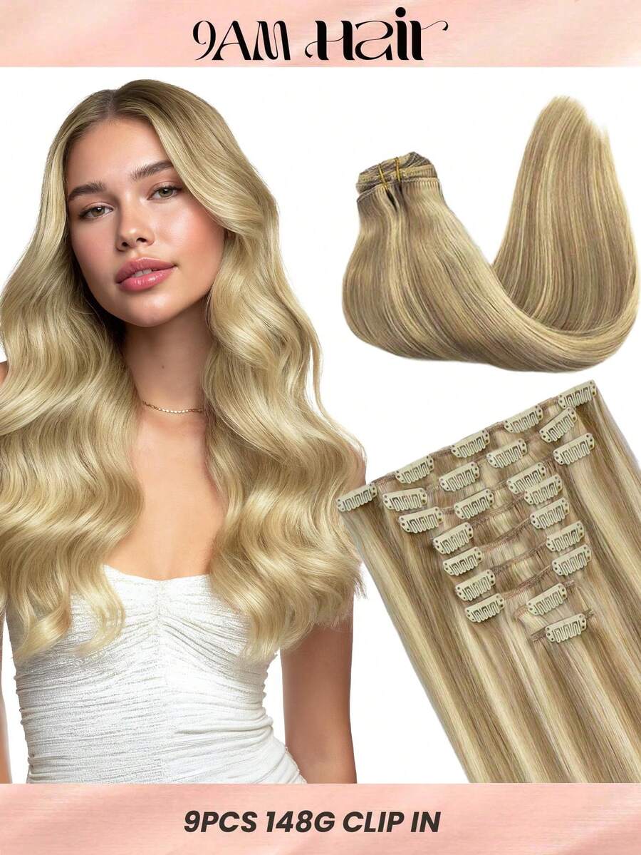 100% Real Human Hair 9PCS Straight Clip In Hair Extensions 148G 14-24 Inch Light Blonde Highlights Color Double Weft Invisible Clip Hair Extensions Remy Natural Human Hair For Women Girls Daily Use - S16/22A - View 1
