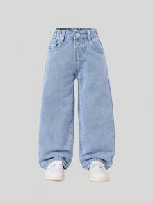 SHEIN Casuvi Kids Y2K 风少女日常通勤弹力腰直筒牛仔裤，带平口袋，适合日常、上学、校园、大学暑假穿着。 - 淺色水洗藍 - 查看 4