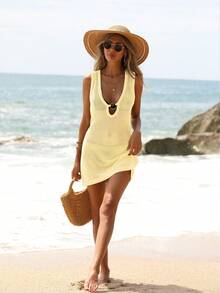 EMERY ROSE Women's Solid Color Sleeveless Hollow-Out Knit Dress, Suitable For Beach Vacation - Light Yellow - View 1