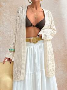 EURMUSE Beige Open Knit Cardigan With Hollow Textured Pattern And Relaxed Fit Long Sleeves For Breezy Spring Layering - White - View 6