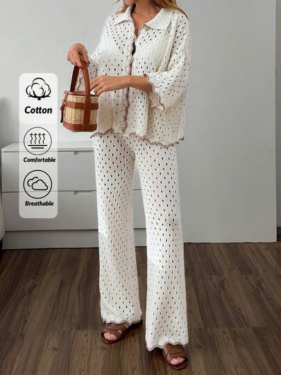 EURMUSE White Crochet Knit Middle Sleeve Top And Wide Leg Pants Two Pieces Beach Cover Up Set For Women