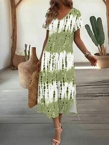 SHEIN LUNE CURVE Đầm ngắn tay cổ chữ V in họa tiết nhuộm tie-dye cỡ lớn dành cho nữ, đầm maxi nữ, đầm xẻ tà, đầm thường ngày cho kỳ nghỉ hè. - Nhiều màu - Xem 3