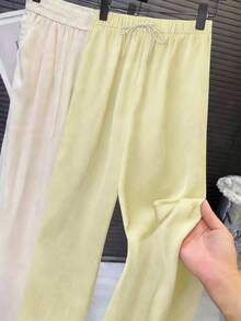 SHEIN LUNE 高腰水钻缎面弹力腰带宽松直筒裤 女式夏季阔腿裤 女式高腰宽松裤 女式休闲裤 韩版女式休闲裤 - 黃色 - 查看 2