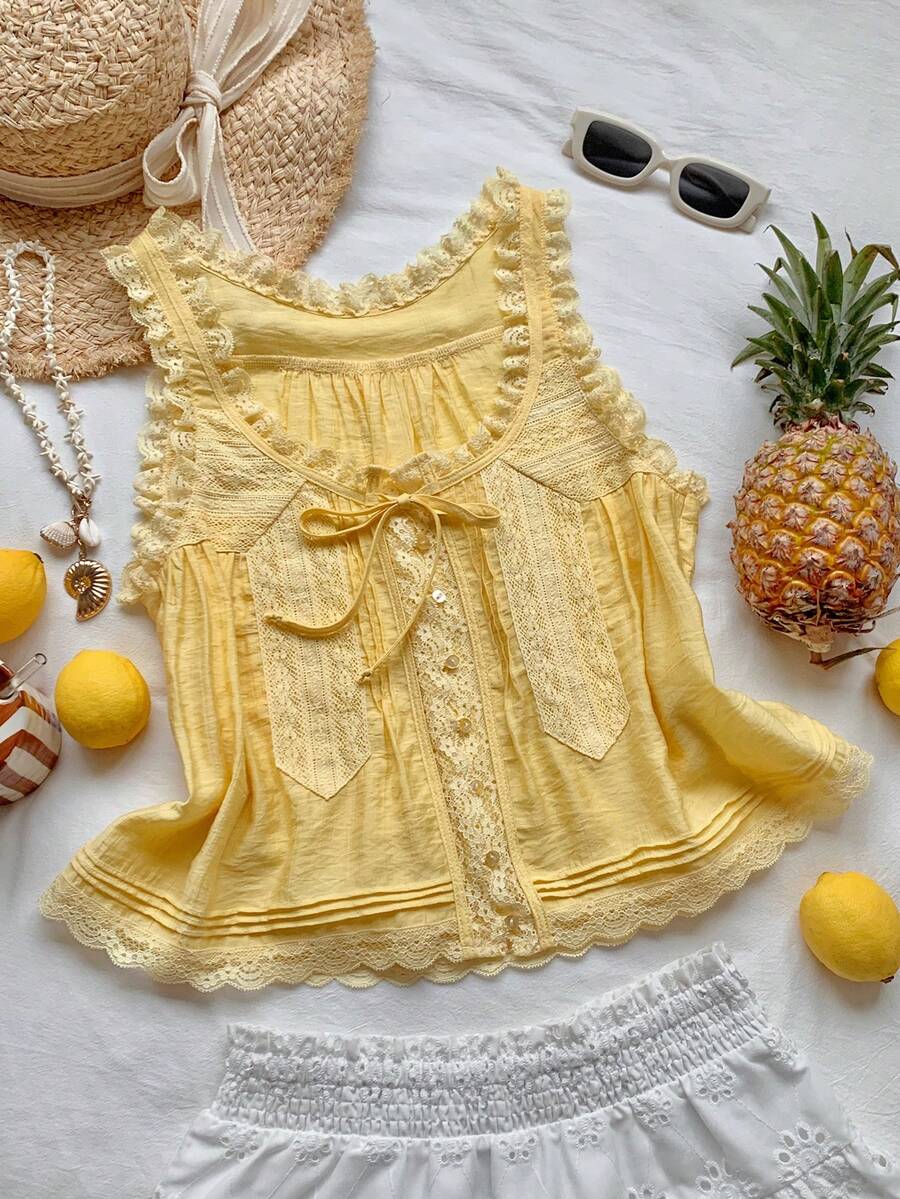 Comfortcana Áo kiểu không tay phối ren, màu vàng, chất liệu dệt, dáng rộng, thích hợp cho kỳ nghỉ xuân/hè. - Màu vàng - Xem 1