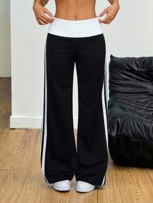 SHEIN PETITE 女士夏季节日文艺复兴集市街头复古Y2K Grunge印花弹力翻边裤黑色直筒裤 - 黑色 - 查看 6