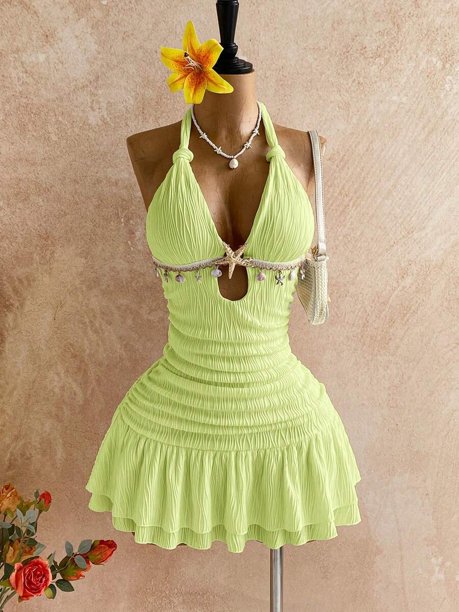 Soleia 白色露背扭结修身迷你连衣裙，金属配饰，贝壳装饰，适合秋冬季海滩度假穿着。 - 綠色 - 查看 1