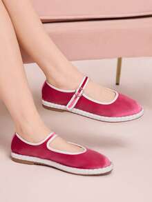 CUCCOO DOLLMOD Women Shoes Rose Red Fashion Velvet Mary Jane Round Toe Flat Shoes Commuting Dating Party Shopping College Cute Sweet Spring Shoes - Hot Pink - View 2