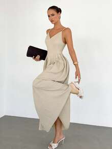 Siren Gaze Elegant Women's V-Neck Spaghetti Strap Maxi Dress Pleated A-Line Long Dress, Women's Date Dress, Women's Night Out Dress, Women's Summer Dress, Women's Honeymoon Travel Outfit, Women's Wedding Guest Dress, Island Vacation Dress, Women's Wedding Guest Dress, Women's Sundress, Women's Elegant Party Dress, Women's Birthday Dress, Classy Dress - Apricot - View 3