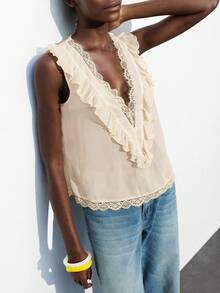 Maija 女士深V领荷叶边休闲百搭日常上衣 - 杏色 - 查看 7