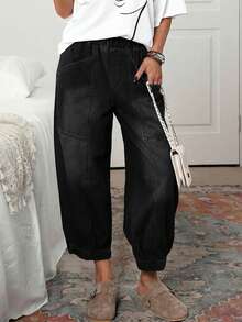 EMERY ROSE Plus Size Casual Fashion Everyday Washed Elastic Waist Jeans Casual Street Patchwork Pocket Loose Wide Leg Jeans Women Jeans Baggy Loose Jeans Barrel Leg/Barrel-Leg Jeans - Black - View 1