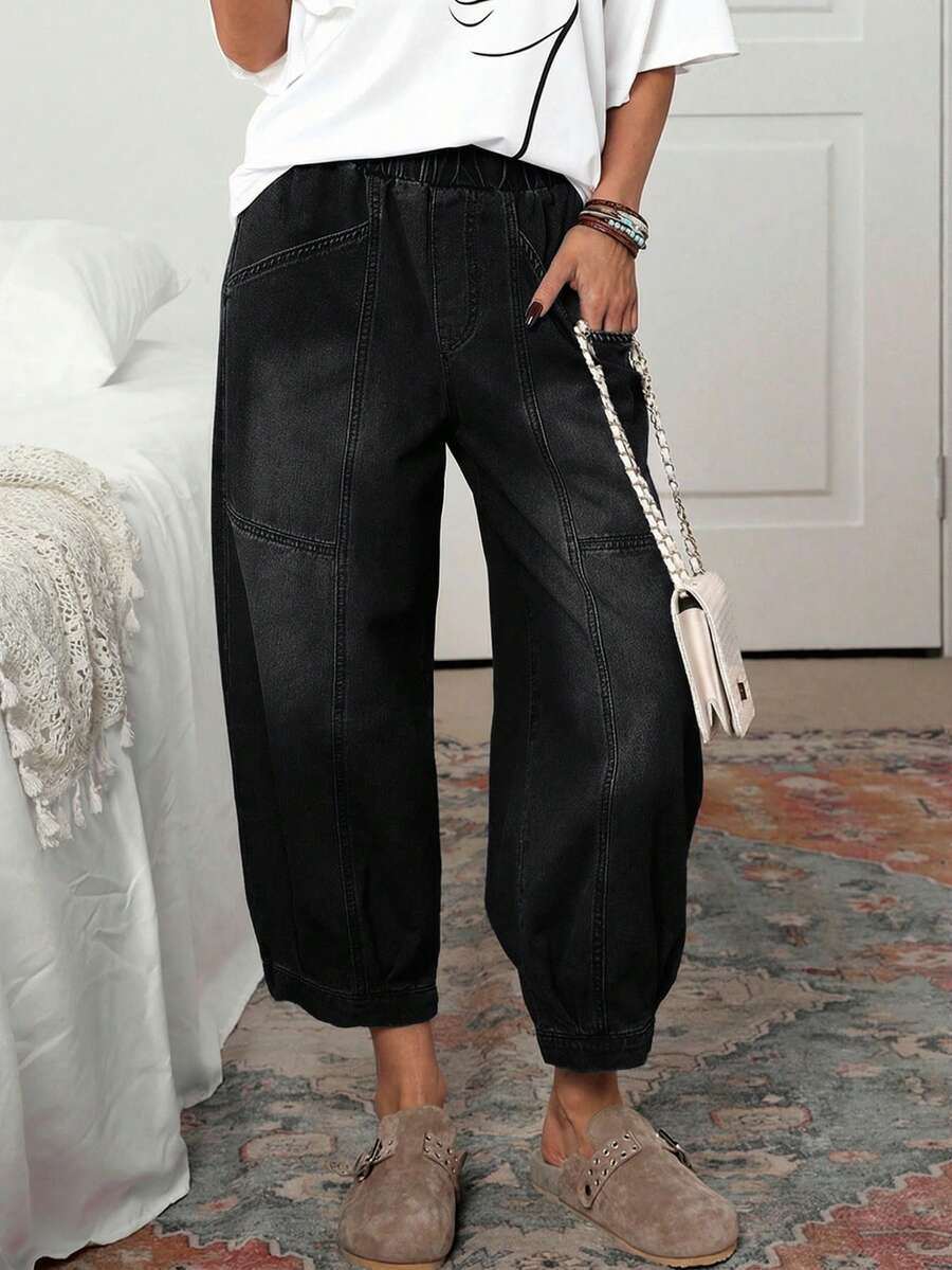 EMERY ROSE Plus Size Casual Fashion Everyday Washed Elastic Waist Jeans Casual Street Patchwork Pocket Loose Wide Leg Jeans Women Jeans Baggy Loose Jeans Barrel Leg/Barrel-Leg Jeans - Black - View 1