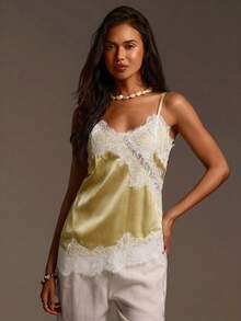 Athîral Women's Casual Asymmetric Spaghetti Strap Off Shoulder Sleeveless Romantic Sexy Blue Lace Blouse - Light Yellow - View 5