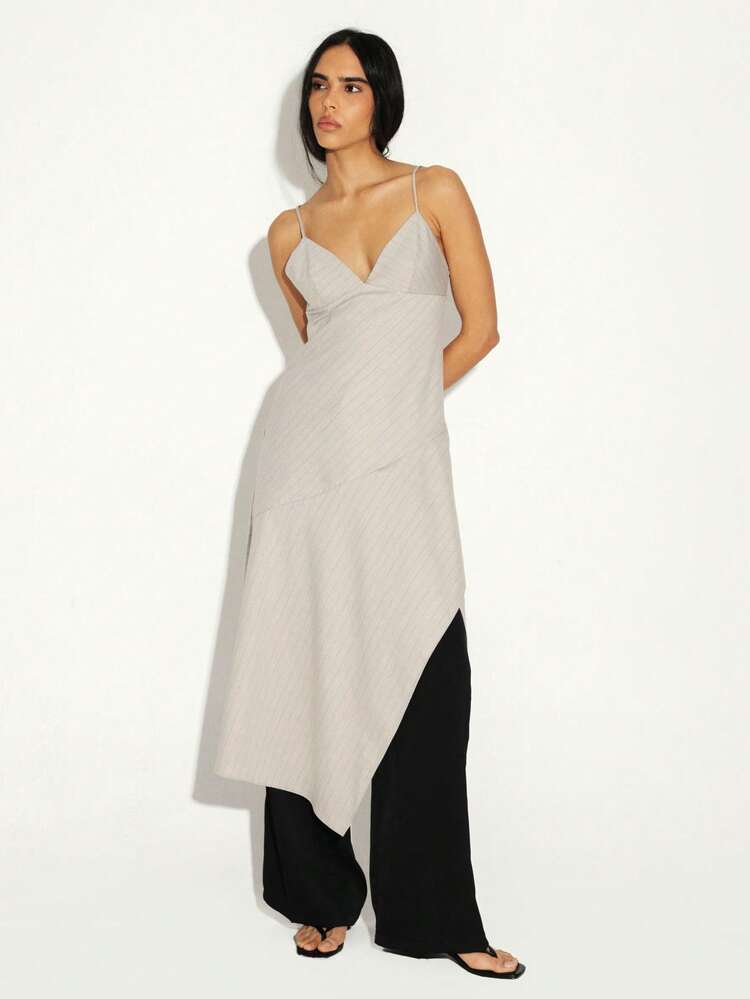KSTM Women's Light Grey Pinstripe Asymmetric Slip Midi Dress With Spaghetti Straps Deep V Neckline Wrap Style Summer Evening Party