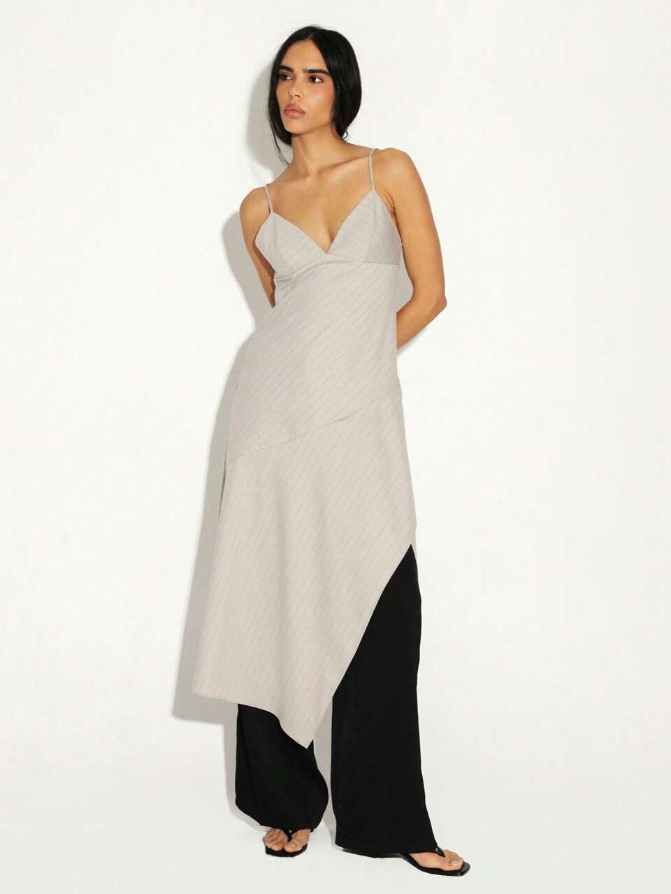 KSTM Women's Light Grey Pinstripe Asymmetric Slip Midi Dress With Spaghetti Straps Deep V Neckline Wrap Style Summer Evening Party