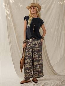 Wildy 美式休闲西部乡村复古迷彩女式春夏基础款长裤，带口袋，适合日常穿着和通勤。 - 綠色 - 查看 4