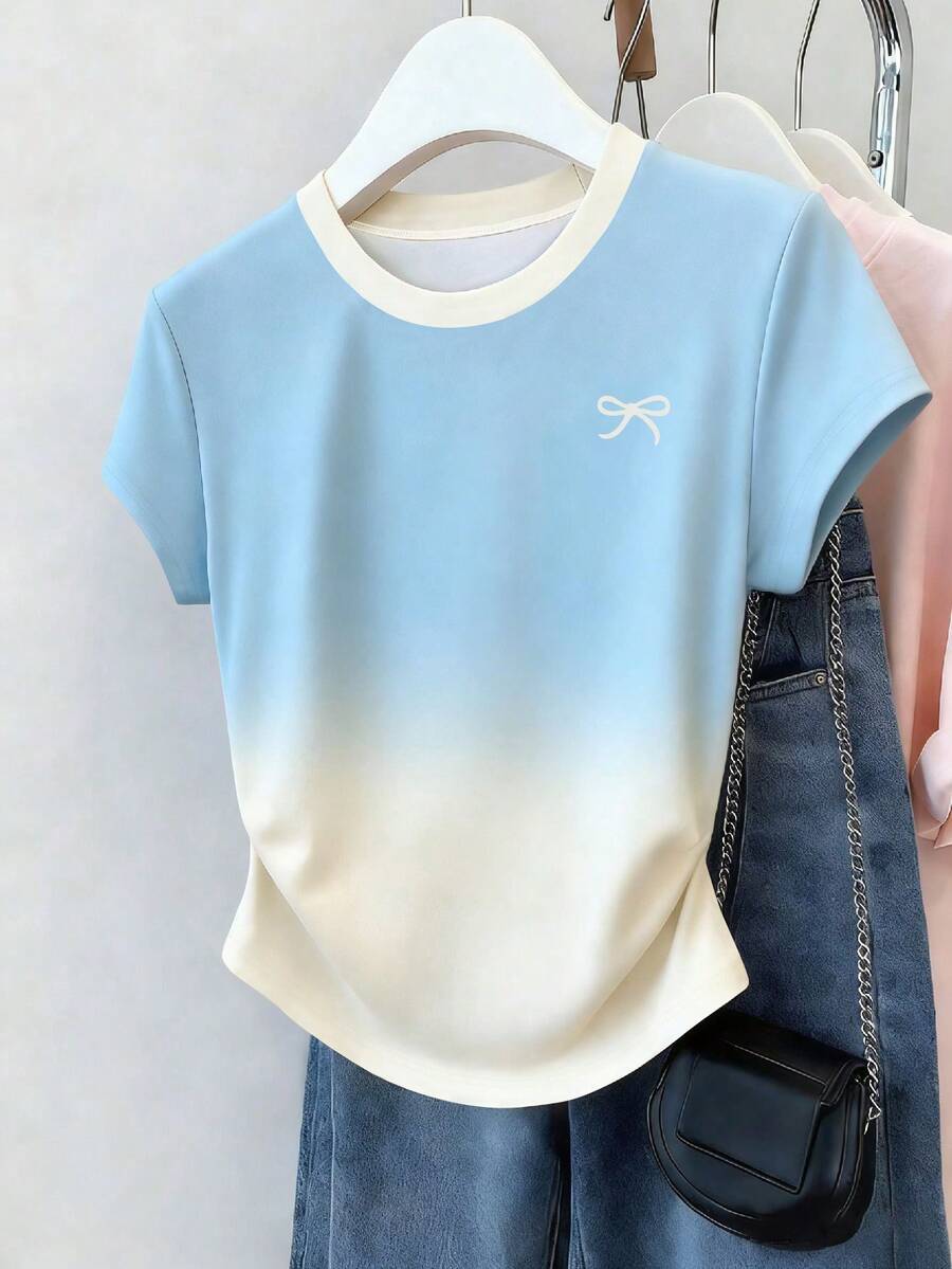Resyla Women's Ombre Blue & White Bow Print Fitted T-Shirt, Suitable For Back To School, Teacher's Day, Summer New Arrival, Sweet Outfit, Date Wear - White - View 1