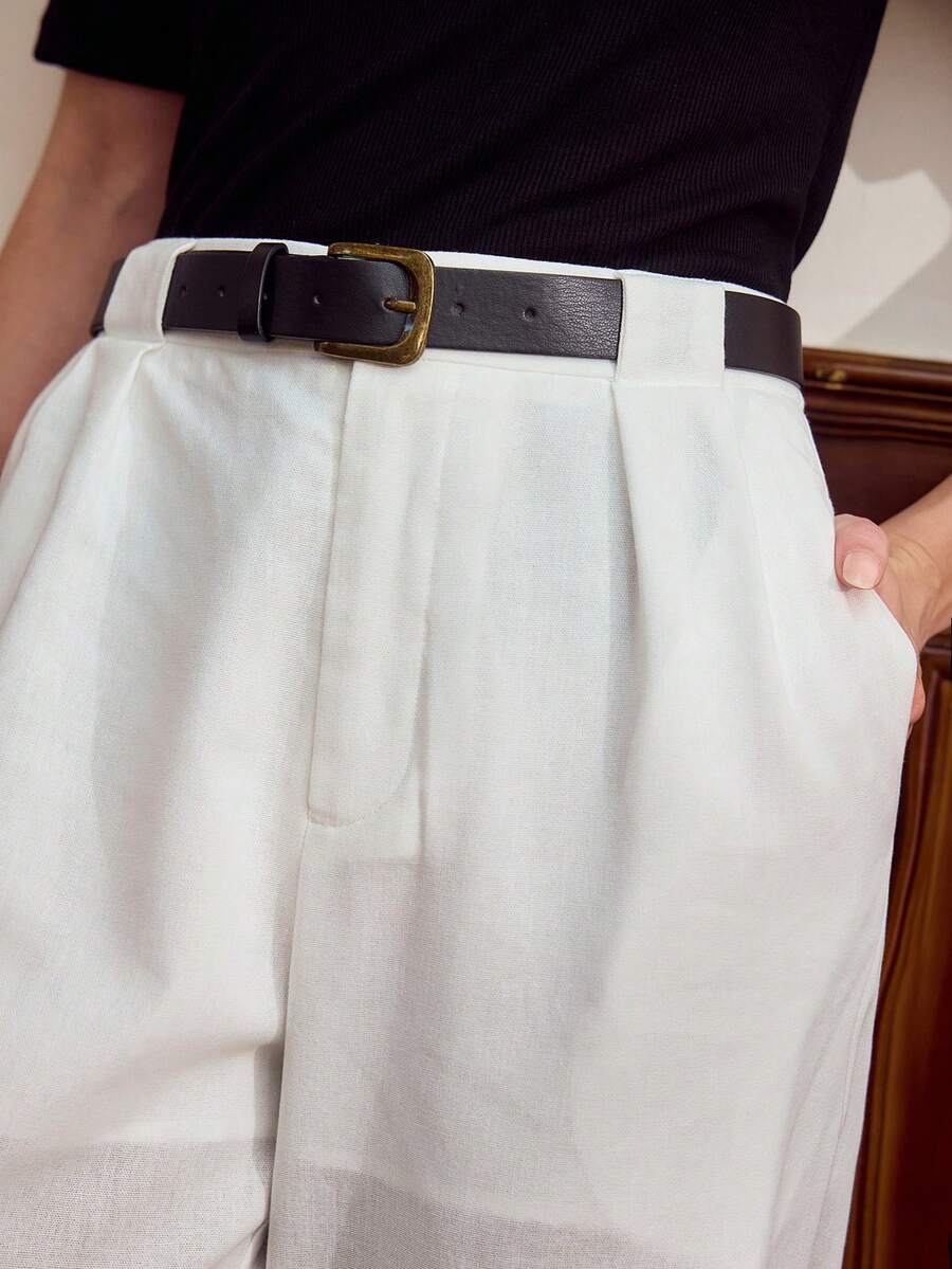 Vintamour Vintage Classic Elegant Women's Pants,White,Autumn,Casual,Brunch,Fitted Waist,Pockets,Spring/Summer Wideleg Linen Trousers For Work Office Festival - Beige - View 1