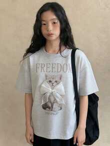 DAZY 少女圆领灯笼袖动物纹蝴蝶结装饰撞色加厚抓绒T恤，秋季款 - 灰色 - 查看 3
