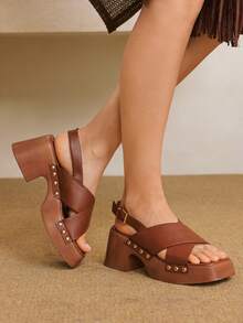 Styleloop WomenShoes Women's Wood Grain Platform Wedge Heel Sandals Spring Wear Holiday Travel Essential Boho Cowgirl Outfit - Brown - View 7