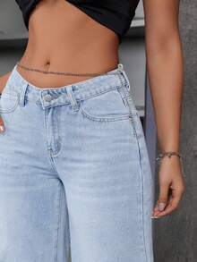 SHEIN ICON Quần jeans cạp thấp dáng chữ V, kiểu dáng thường ngày, đã qua xử lý giặt. - Rửa nhẹ - Xem 5