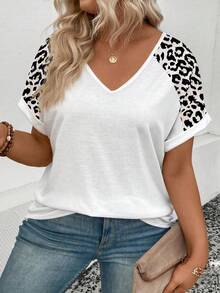 EMERY ROSE Model Terbaru Kaos Wanita Kasual Motif Leopard Leher V Longgar Nyaman Lengan Pendek - Putih - View 5