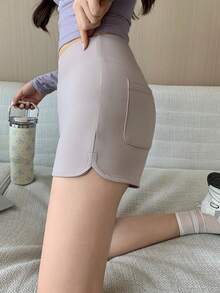 DAZY 女士纯色高腰弹力修身灰色七分短裤，夏季 - 淺灰色 - 查看 4
