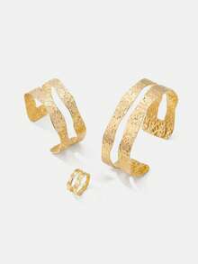 Lumivelle 1set European & American Fashion Hollow Asymmetrical Shape Bangle Bracelet And Ring Set For Women - Gold - View 4