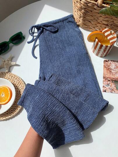 Comfortcana 2026 Spring/Summer New Women's Solid Color Deep Blue Texture Imitation Cowboy Wide Leg Pants,,Winter,Easter,Party ,Beach,Wedding,Graduation,Elegant,Casual,Vacation,Sports, Formal,Y2k,Business,Sequin,Fringe,Ruffle,Flower,Graphic, Beach Pants For Women