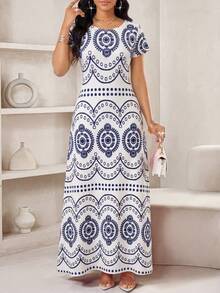 SHEIN Lady 女士圆领印花休闲日常通勤连衣裙 - 藍白色 - 查看 6