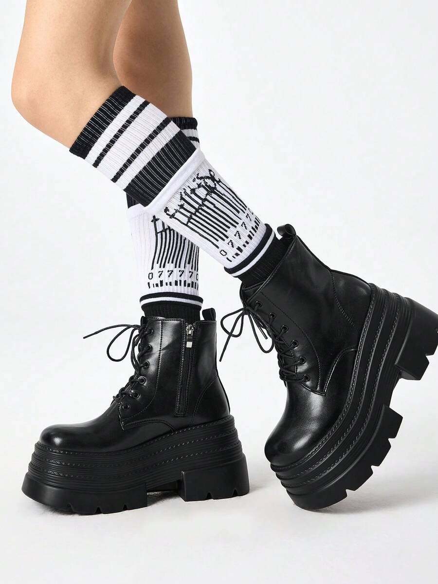 ROMWE Goth 2026秋冬新款女士高跟凉鞋，朋克风深色PU圆头内增高靴，厚底小靴，百搭松饼踝靴，薄靴 - 黑色 - 查看 1