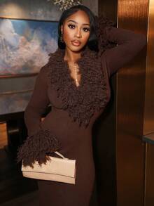 Chea Andrea VITNOS Fall/Winter Collection Women's Dark Brown Color Long Sleeve Fur Collar Bodycon Deep V-Neck Sweater Fall Winter Outfits For Women, Holiday Vacation Dress, New Year's Outfit, Party, Night Out, Dates, Cute Costume For Women, Wedding Guest, Graduation Prom Dress, Business Casual Dress For Women, Teacher's Outfit, Luxury Evening Dresses For Women, Elegant Dress For Parties, Birthday Outfit,Brown Sweater - Coffee Brown - View 7