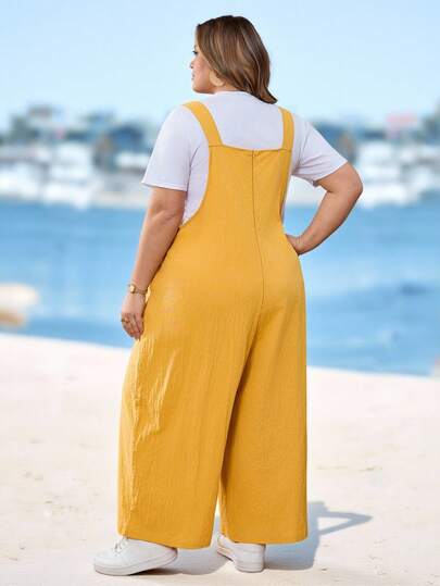 SHEIN CURVE+ Talla curva US22 Mono de estilo retro de vacaciones bohemio con bolsillos para mujeres, mono de primavera y verano para mujeres, mono de unicolor para festival de música, vacaciones en la playa