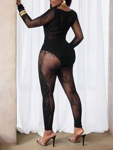 BamGleam Women's Sexy Hollow Out Fishnet Sheer Jumpsuit - Black - View 2