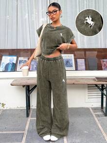 Muchica 女士复古水洗马刺绣装饰休闲宽松T恤和阔腿裤套装，适合外出、街头穿搭、Y2K风格，军绿色 - 軍綠色 - 查看 4